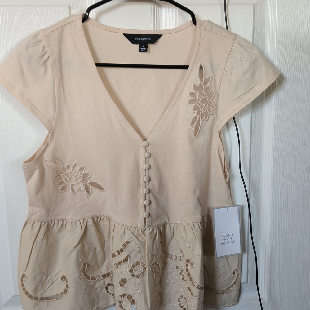 Calliope Cream Embroidered Peplum Button-Front Blouse
